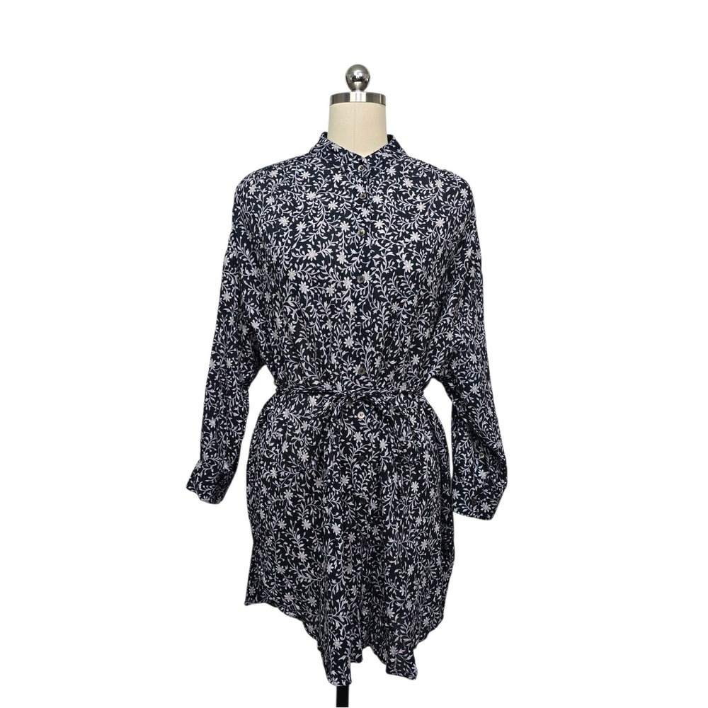 Xirena Navy Blue White Floral Cotton Gauze Belted Shirt Dress‎ Womens Size Small